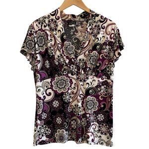 JKLA Women Vintage Y2K Babydoll Top Size XL Floral Paisley Purple Flutter Sleeve